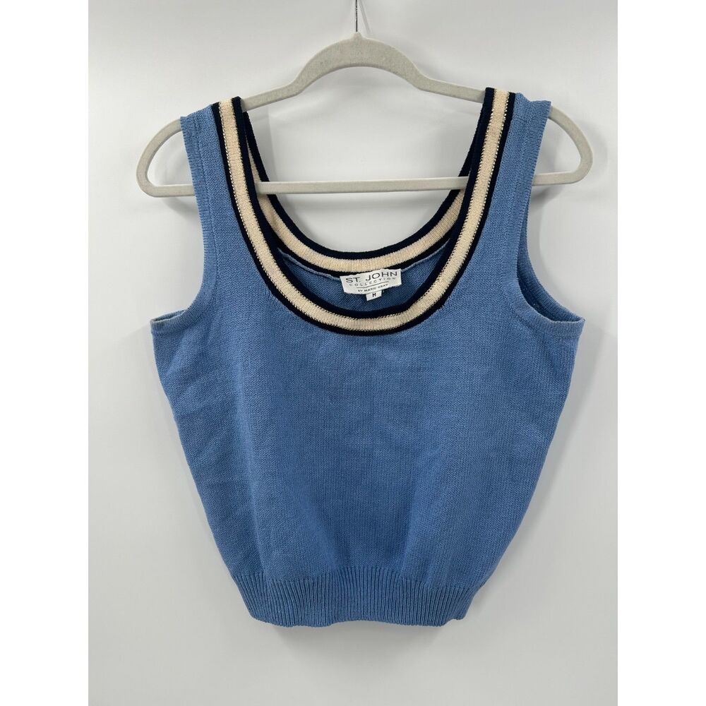 Vintage St. John Tennis Club Knit Blue Striped Tank Top M White Scoop Neck
